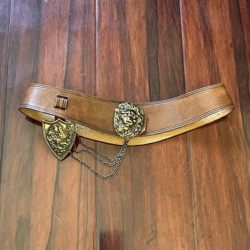 Vintage Saks Fifth Avenue Leather Concho Belt Brown 26W Lion Bird Crest Handmade